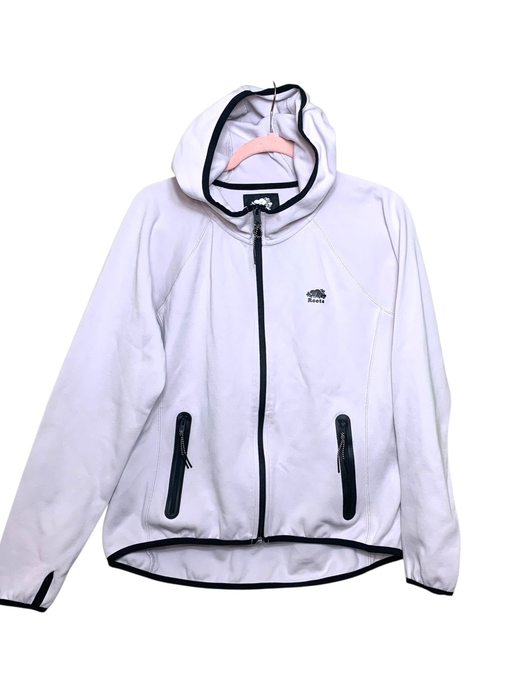 Roots Sport Hooded Zip Sweater Jacket Beige Sz M Thumbs Hole Minimalist Peppy